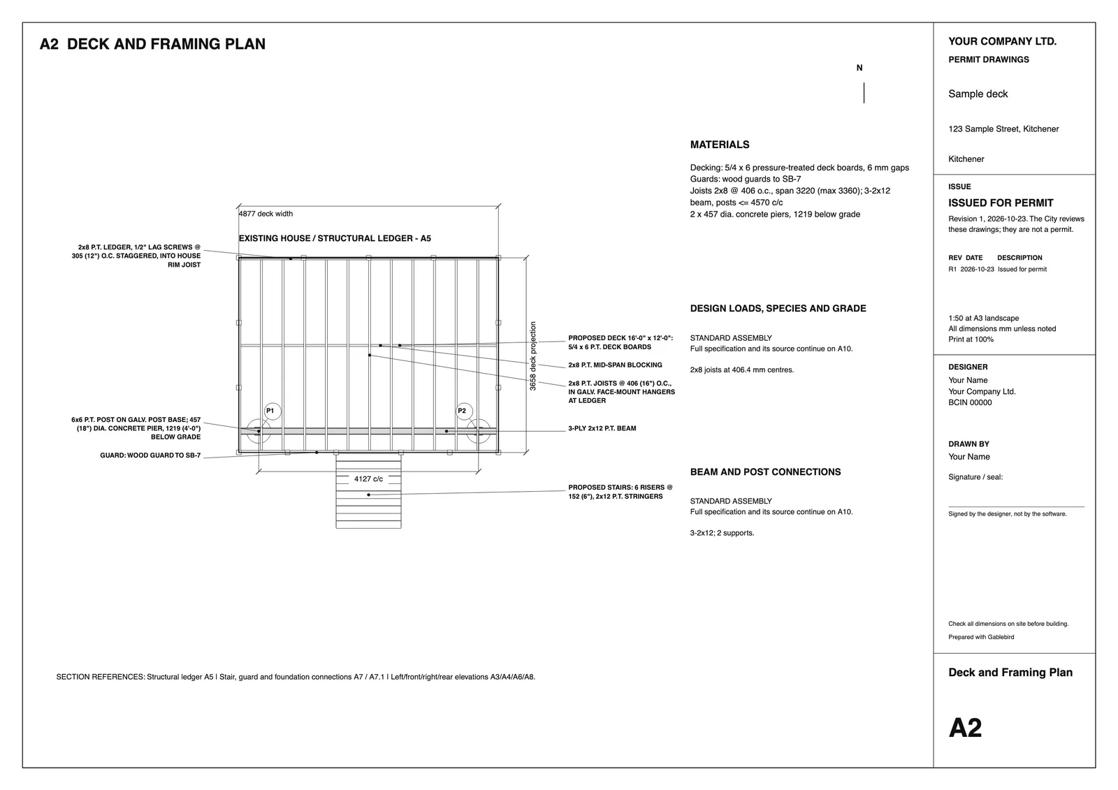Sample sheet A2, deck and framing plan, issued for permit, with Your Company Ltd. in the title block