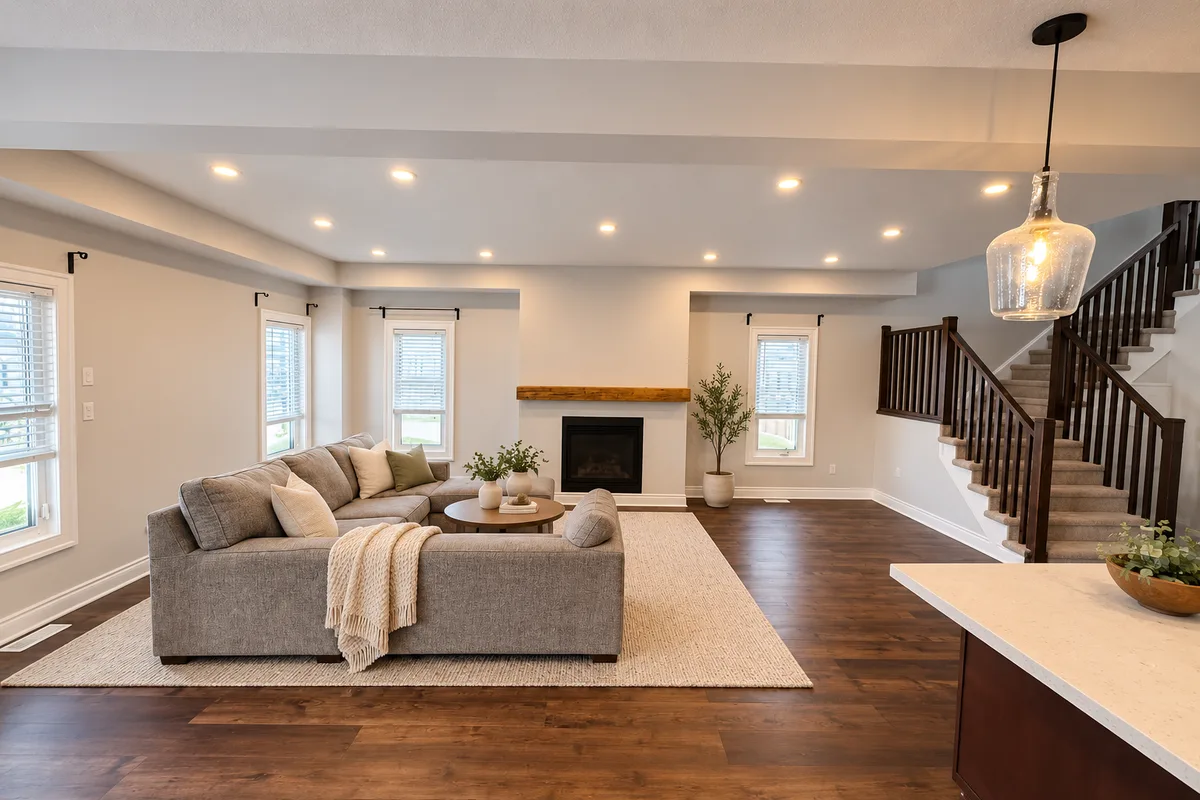A finished open-plan basement with pot lights, a fireplace, a sectional sofa and stairs up